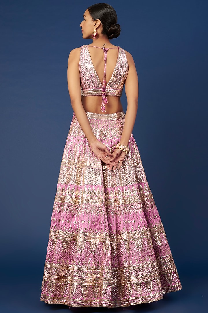 Pink Tulle Sequins Embroidered Bridal Lehenga Set by NITIKA GUJRAL at Pernia's Pop Up Shop