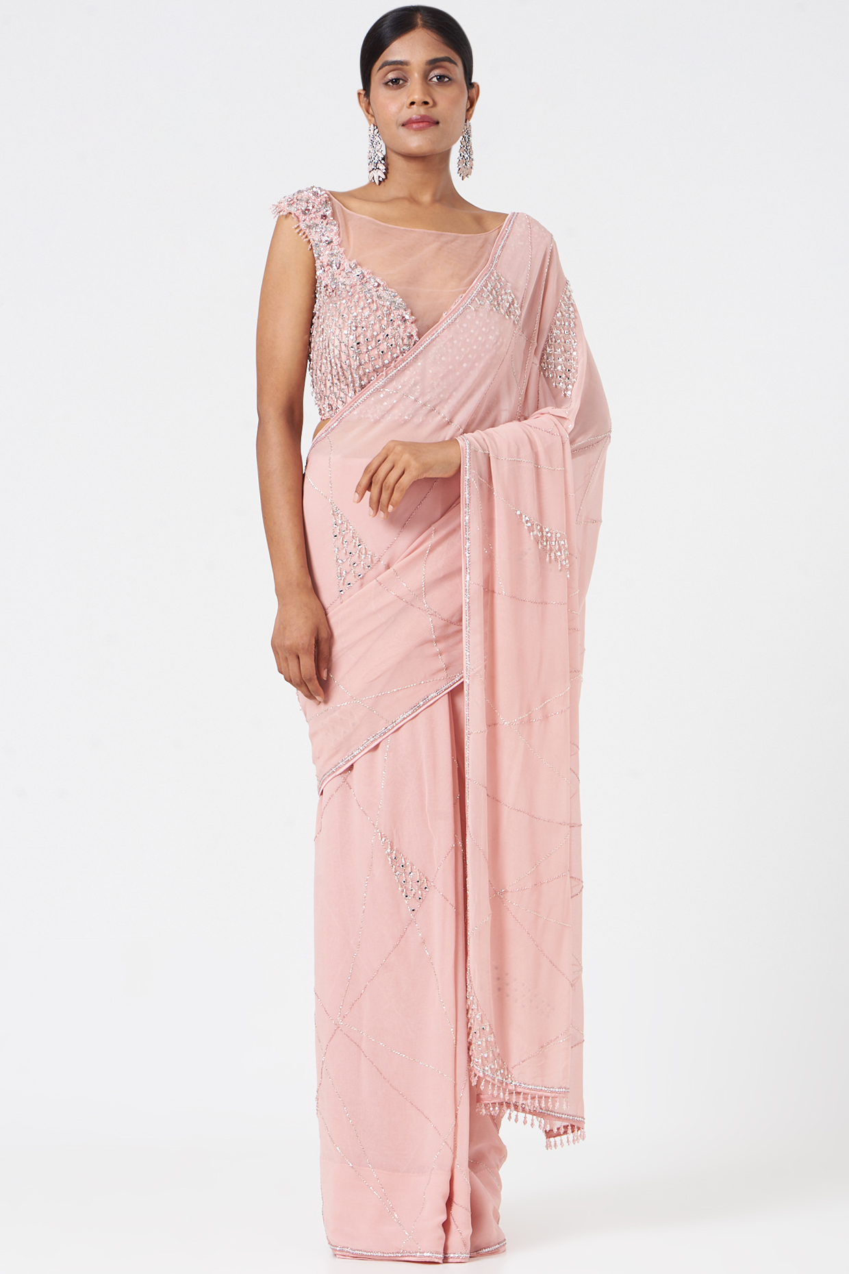 Soft Coral Georgette Sequins Embroidered Wedding Saree Set by NITIKA GUJRAL at Pernia's Pop Up Shop