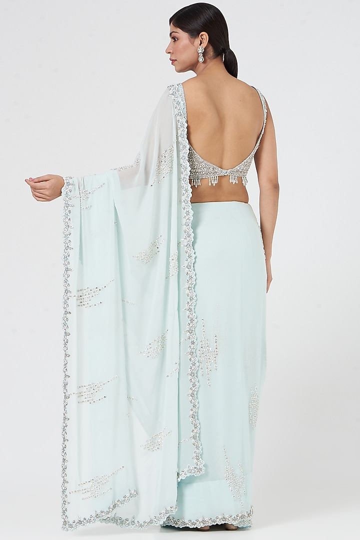 Soft Aqua Georgette Crystal Embroidered Reception Saree Set by NITIKA GUJRAL at Pernia's Pop Up Shop