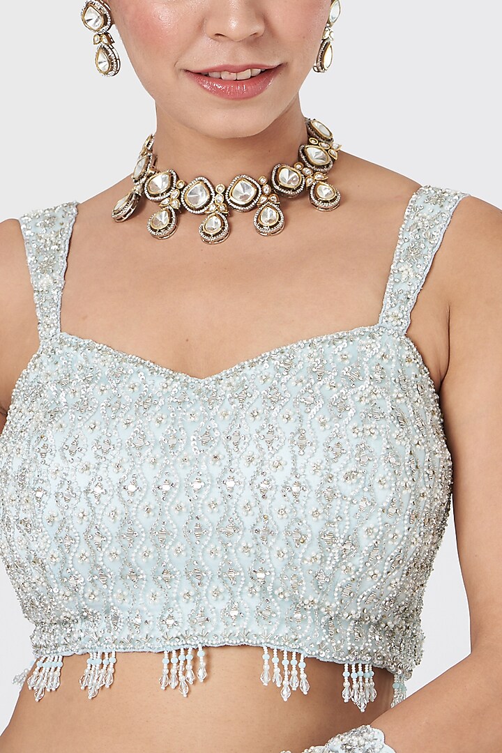 Soft Aqua Georgette Crystal Embroidered Reception Saree Set by NITIKA GUJRAL at Pernia's Pop Up Shop