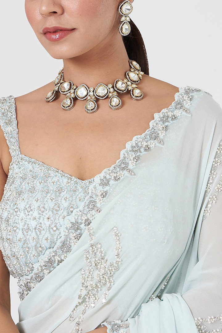 Soft Aqua Georgette Crystal Embroidered Reception Saree Set by NITIKA GUJRAL at Pernia's Pop Up Shop