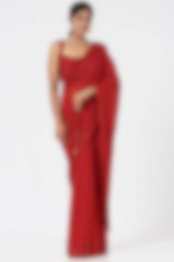 Red Georgette Crystal Embroidered Reception Saree Set by NITIKA GUJRAL at Pernia's Pop Up Shop