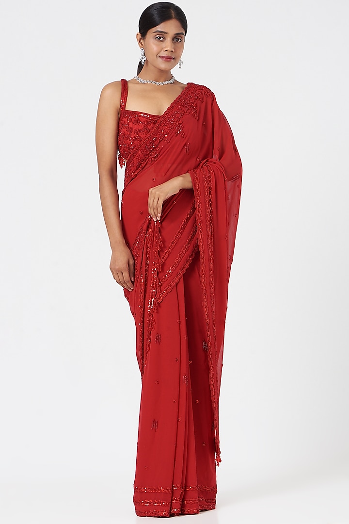 Red Georgette Crystal Embroidered Reception Saree Set by NITIKA GUJRAL at Pernia's Pop Up Shop