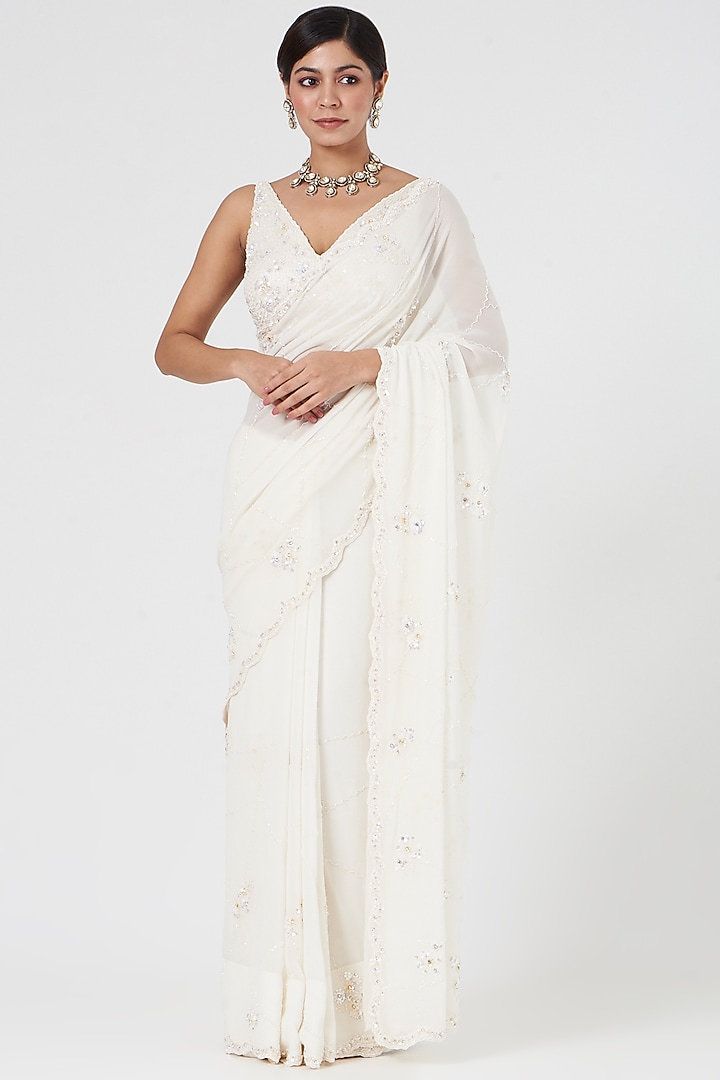 Off-White Georgette Crystal Embroidered Reception Saree Set by NITIKA GUJRAL at Pernia's Pop Up Shop