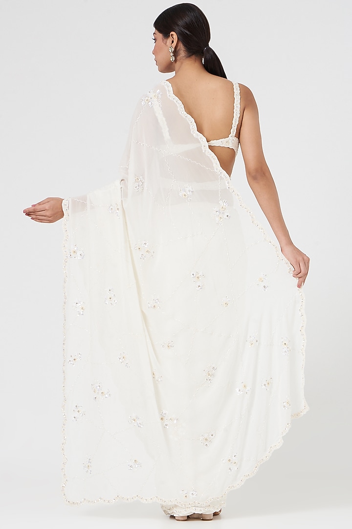 Off-White Georgette Crystal Embroidered Reception Saree Set by NITIKA GUJRAL at Pernia's Pop Up Shop