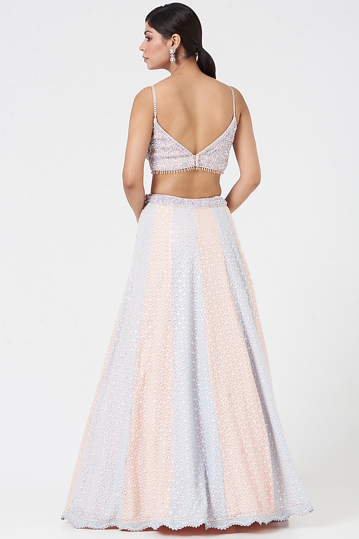 Blush Pink & Powder Blue Georgette Panelled Wedding Lehenga Set by NITIKA GUJRAL at Pernia's Pop Up Shop