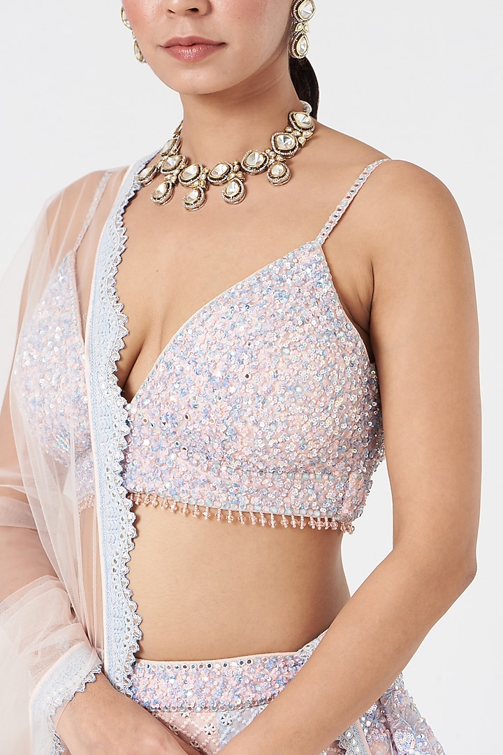 Blush Pink & Powder Blue Georgette Panelled Wedding Lehenga Set by NITIKA GUJRAL at Pernia's Pop Up Shop