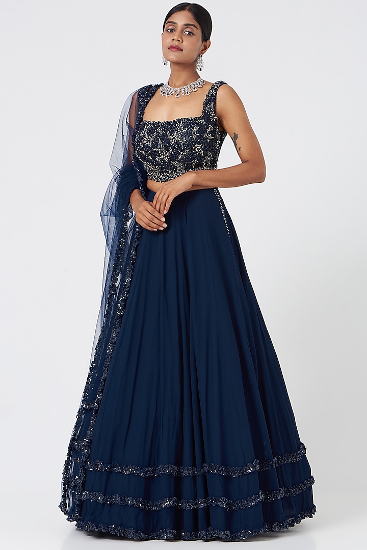 Navy Blue Georgette Embroidered Lehenga Set by NITIKA GUJRAL