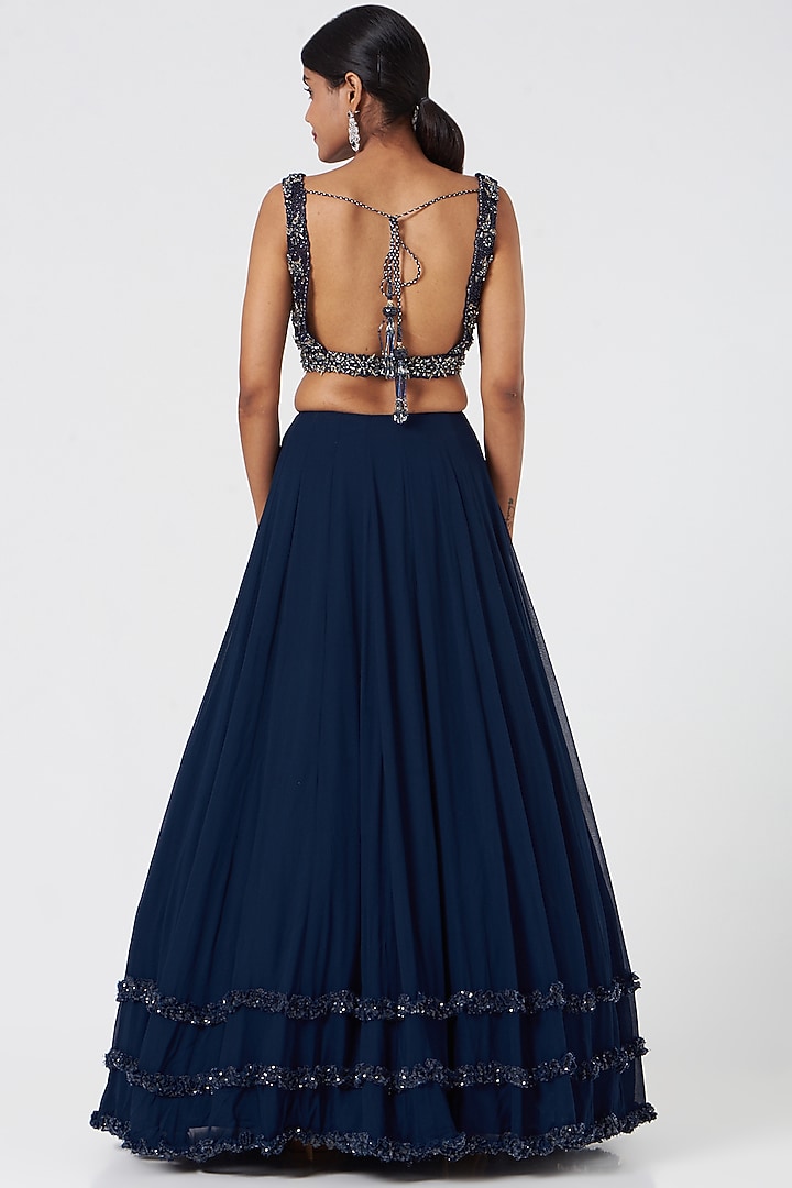 Navy Blue Georgette Embroidered Wedding Lehenga Set by NITIKA GUJRAL at Pernia's Pop Up Shop