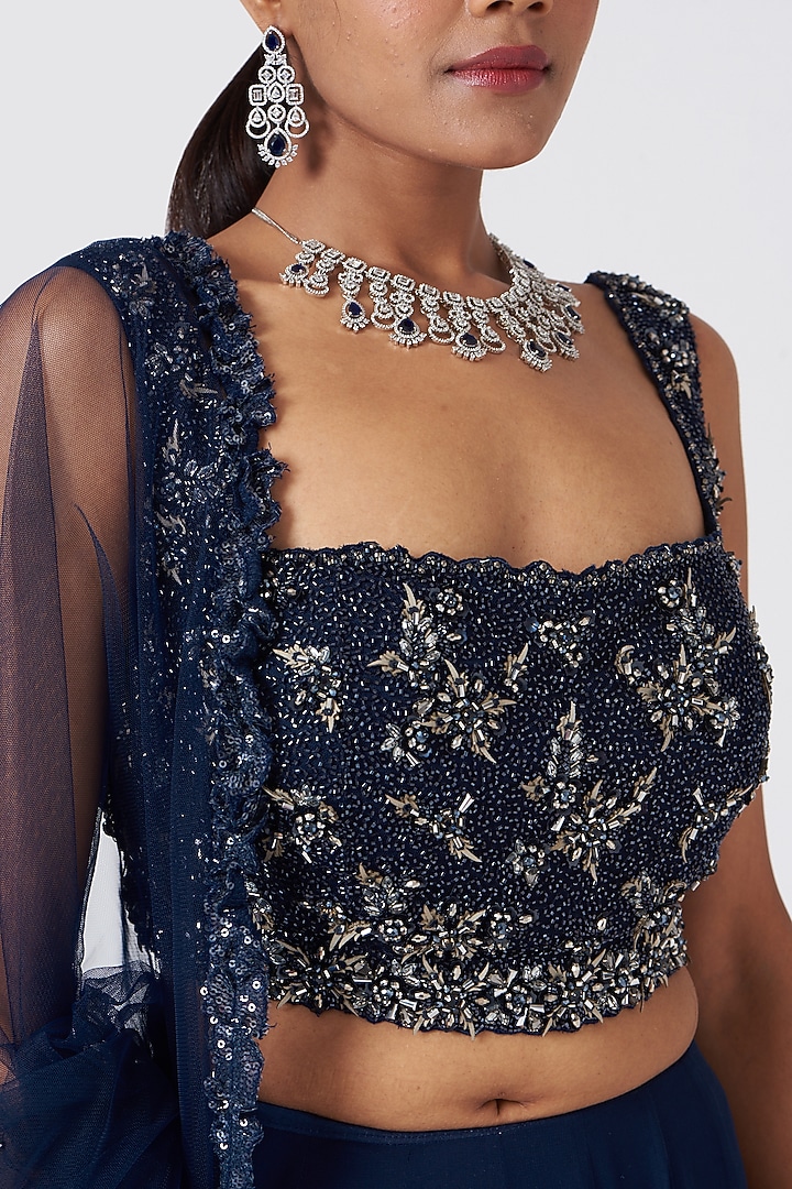 Navy Blue Georgette Embroidered Wedding Lehenga Set by NITIKA GUJRAL at Pernia's Pop Up Shop