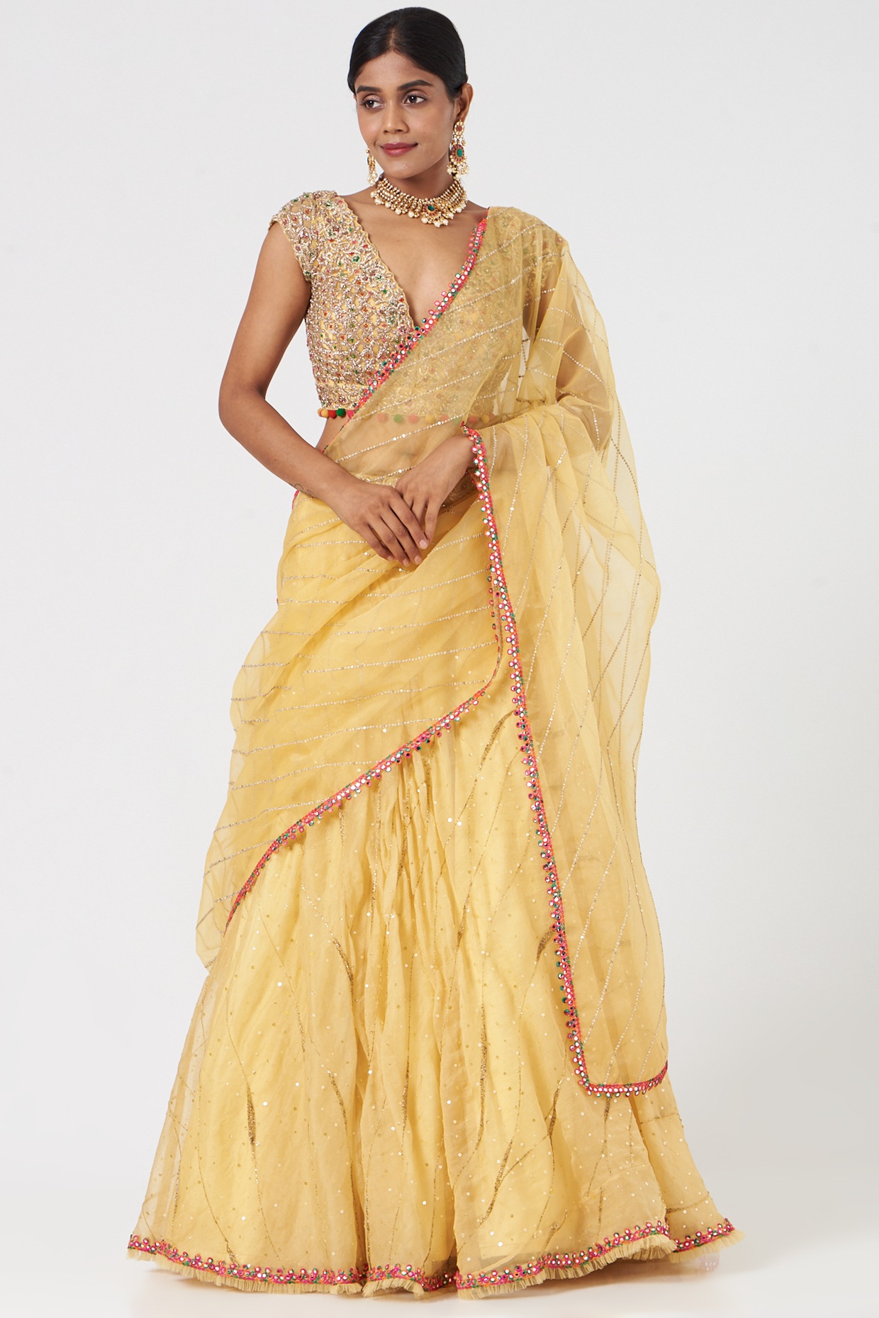 Bright yellow lehenga in silk with contrast blouse adorn in zari and resham  work only on Kalki | Yellow lehenga, Lehenga, Bridal blouse designs