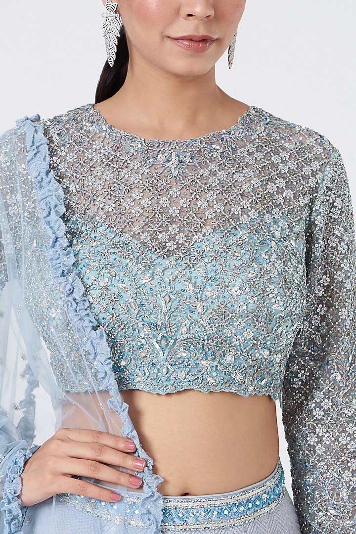 Sky Blue Georgette Self Embroidered Wedding Lehenga Set by NITIKA GUJRAL at Pernia's Pop Up Shop