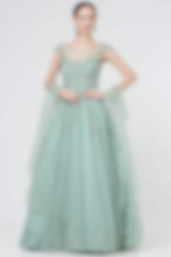 Foam Green Tulle Embroidered Gown With Stole by NITIKA GUJRAL at Pernia's Pop Up Shop