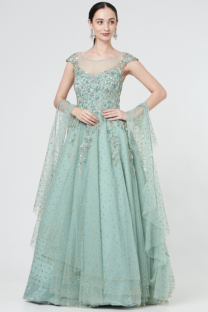 Foam Green Tulle Embroidered Gown With Stole by NITIKA GUJRAL