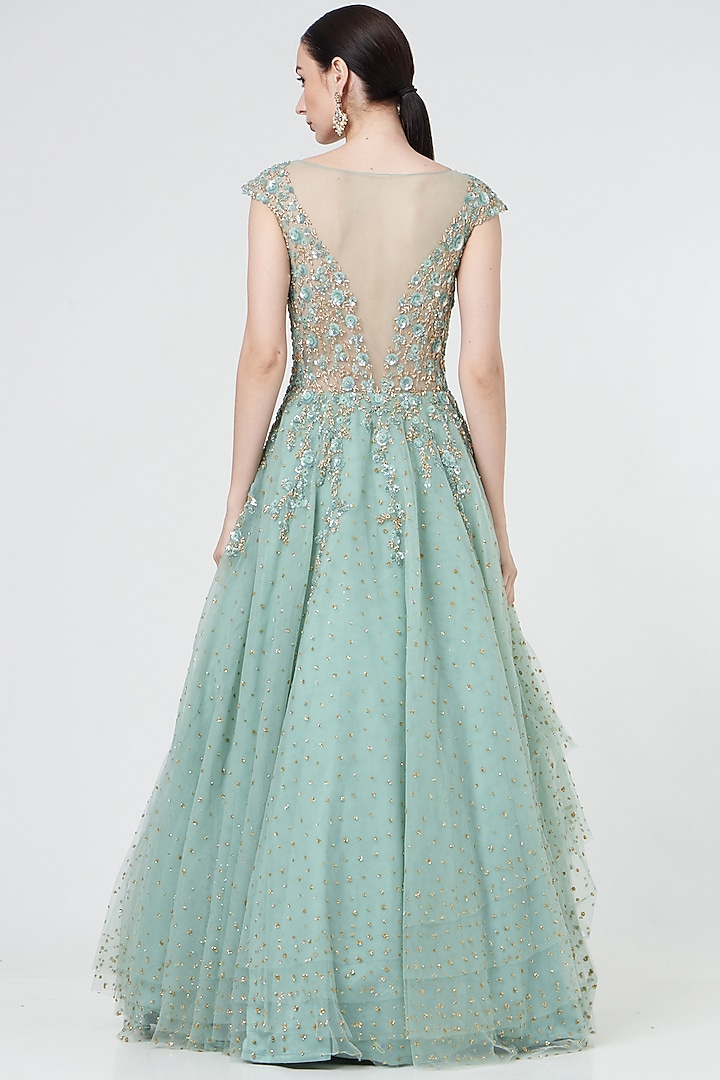 Foam Green Tulle Embroidered Wedding Gown With Stole by NITIKA GUJRAL at Pernia's Pop Up Shop