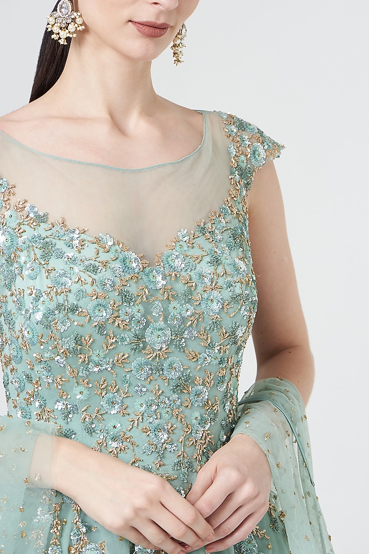 Foam Green Tulle Embroidered Wedding Gown With Stole by NITIKA GUJRAL at Pernia's Pop Up Shop