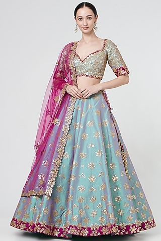 Aqua Taffeta Gota Embroidered Lehenga Set by NITIKA GUJRAL