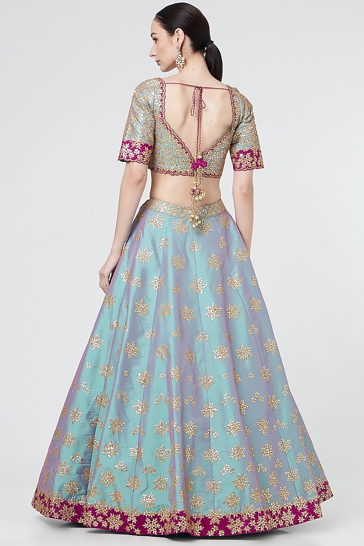 Aqua Taffeta Gota Embroidered Wedding Lehenga Set by NITIKA GUJRAL at Pernia's Pop Up Shop