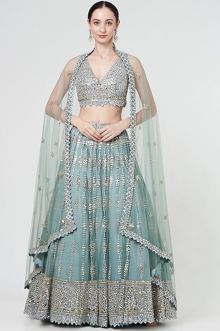 Jade Green Tulle Beads Embroidered Lehenga Set by NITIKA GUJRAL