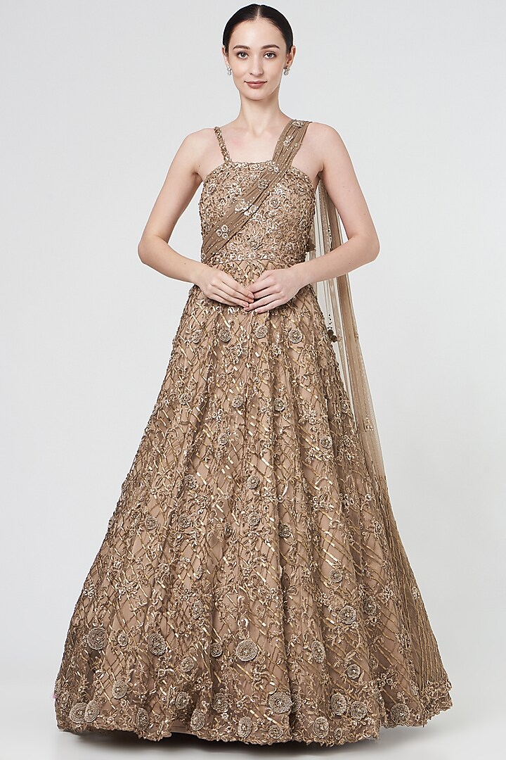 Copper Embroidered Draped Gown by NITIKA GUJRAL