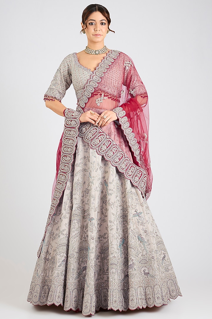 Silver Tissue Sequins Embroidered Bridal Lehenga Set by NITIKA GUJRAL at Pernia's Pop Up Shop