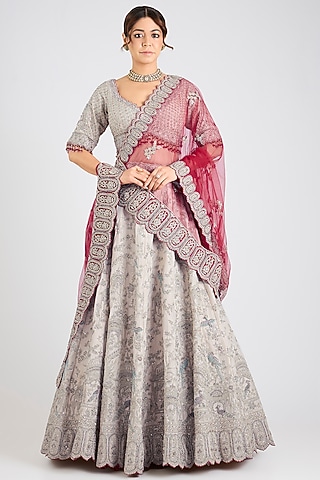 Silver Tissue Sequins Embroidered Lehenga Set by NITIKA GUJRAL