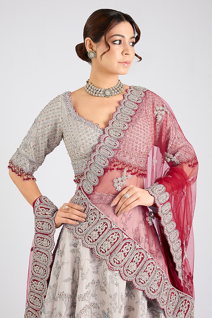 Silver Tissue Sequins Embroidered Bridal Lehenga Set by NITIKA GUJRAL at Pernia's Pop Up Shop