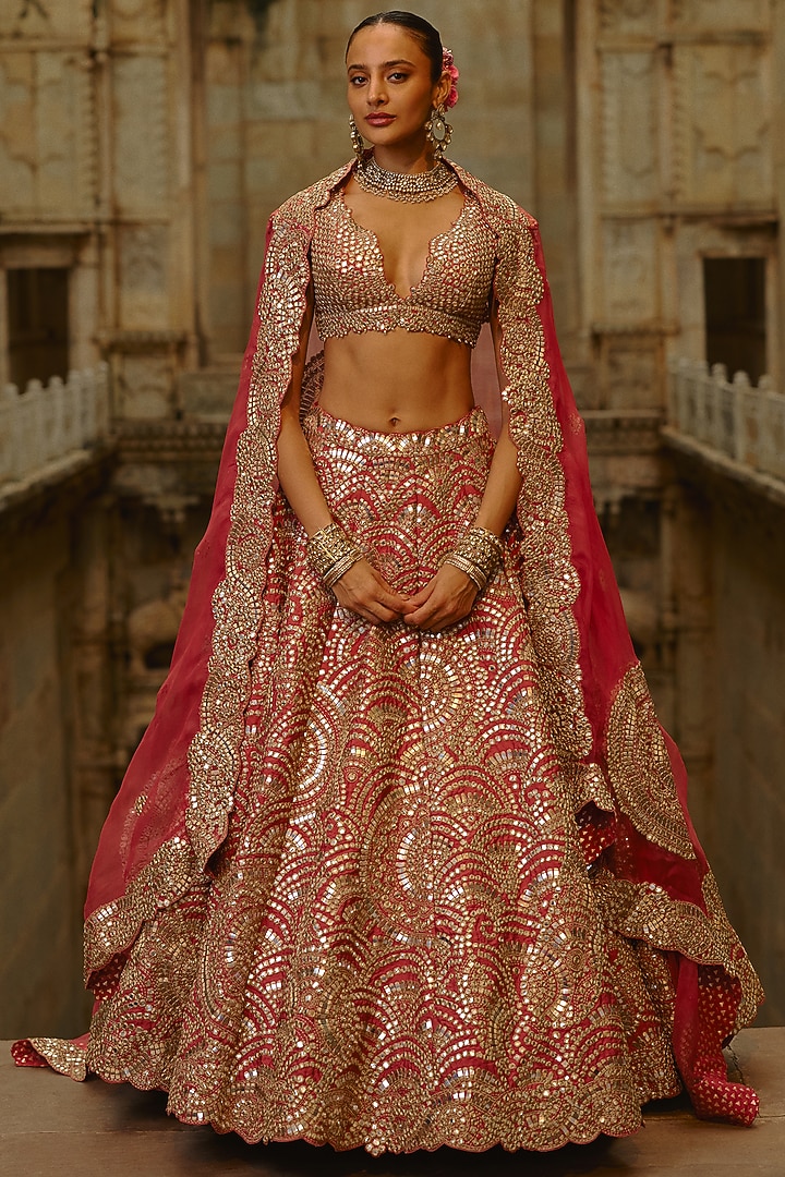 Rust Taffeta Mirror Embellished Bridal Lehenga Set by NITIKA GUJRAL at Pernia's Pop Up Shop