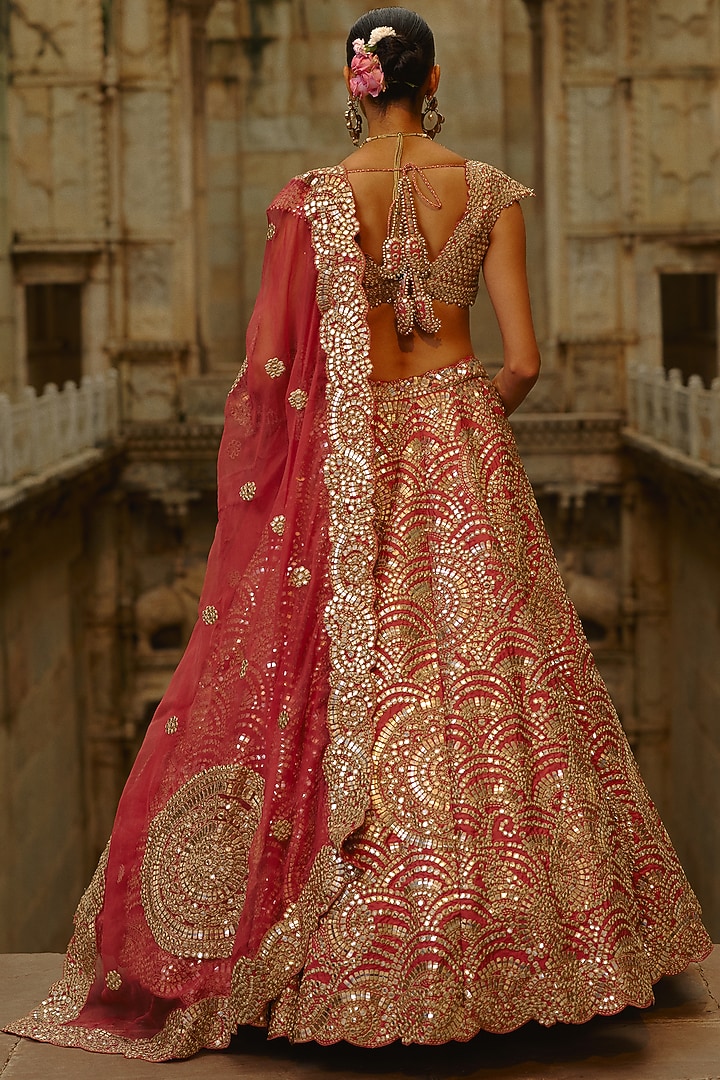 Rust Taffeta Mirror Embellished Bridal Lehenga Set by NITIKA GUJRAL at Pernia's Pop Up Shop