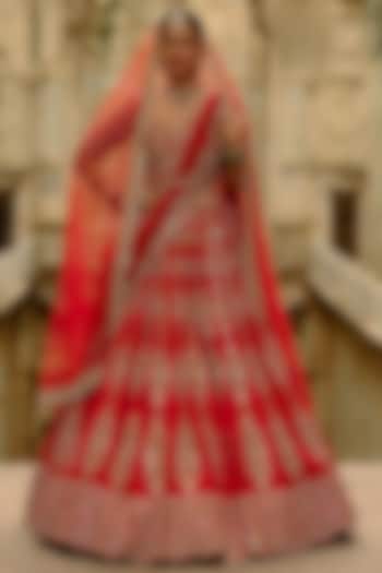 Red Satin Silk Hand Embroidered Bridal Lehenga Set by NITIKA GUJRAL at Pernia's Pop Up Shop
