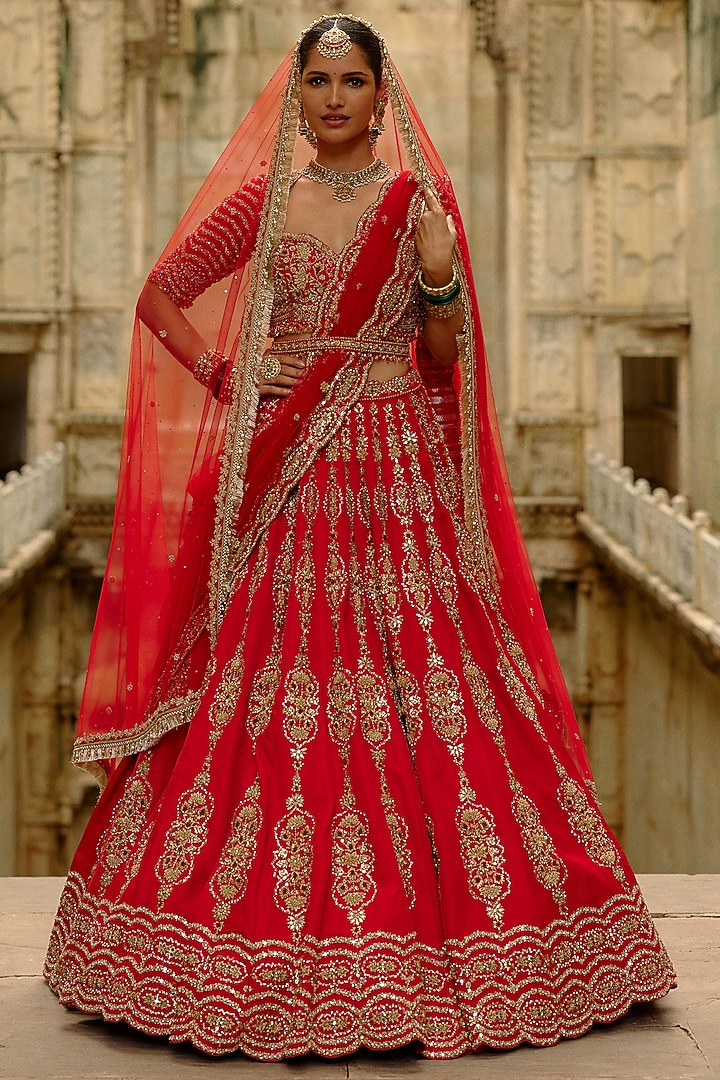 Red Satin Silk Hand Embroidered Bridal Lehenga Set by NITIKA GUJRAL at Pernia's Pop Up Shop