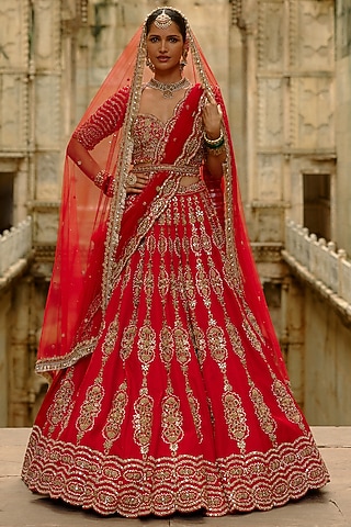 Red Satin Silk Hand Embroidered Lehenga Set by NITIKA GUJRAL