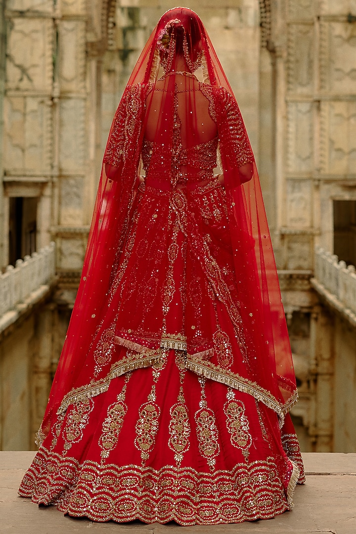 Red Satin Silk Hand Embroidered Bridal Lehenga Set by NITIKA GUJRAL at Pernia's Pop Up Shop