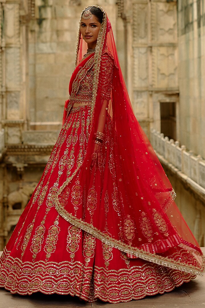 Red Satin Silk Hand Embroidered Bridal Lehenga Set by NITIKA GUJRAL at Pernia's Pop Up Shop