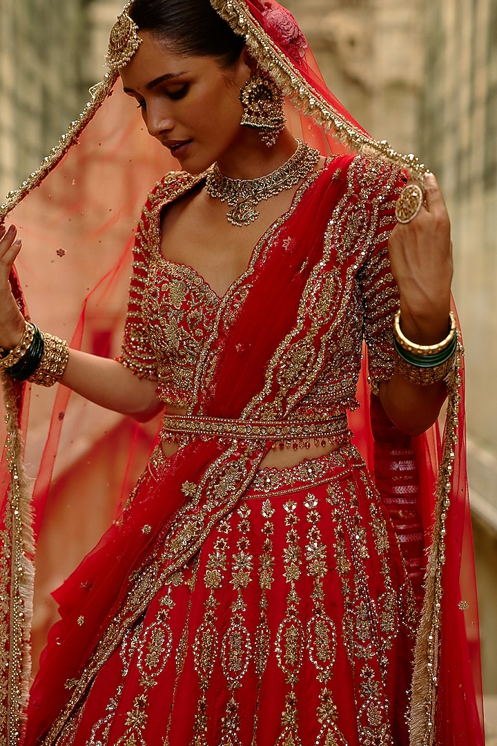 Red Satin Silk Hand Embroidered Bridal Lehenga Set by NITIKA GUJRAL at Pernia's Pop Up Shop