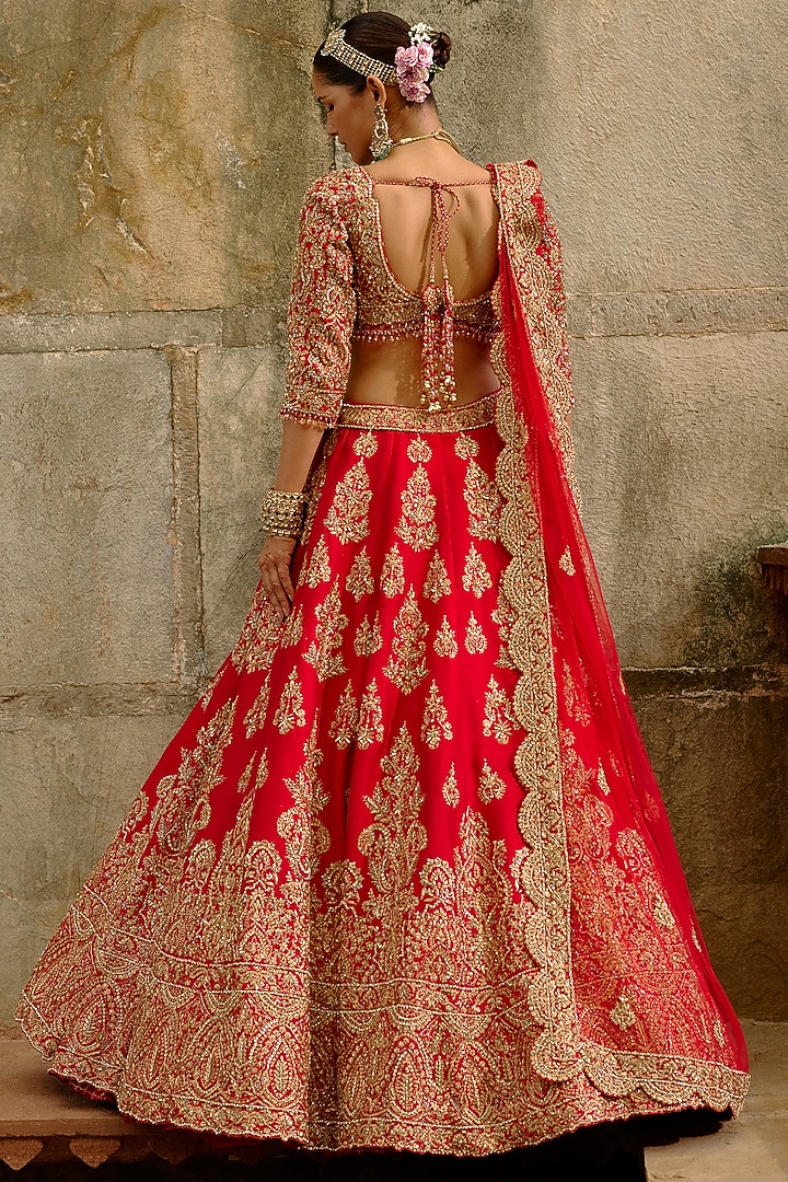 Red Net Zardosi Embellished Bridal Lehenga Set by NITIKA GUJRAL at Pernia's Pop Up Shop