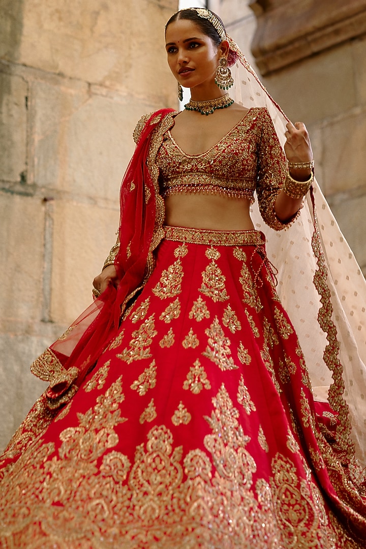 Red Net Zardosi Embellished Bridal Lehenga Set by NITIKA GUJRAL at Pernia's Pop Up Shop