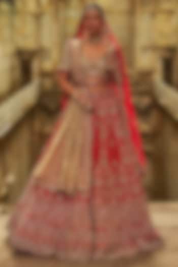 Red Raw Silk Hand Embroidered Bridal Lehenga Set by NITIKA GUJRAL at Pernia's Pop Up Shop