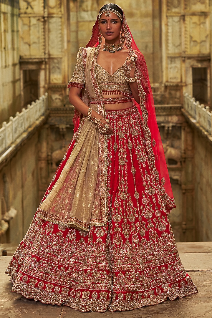 Red Raw Silk Hand Embroidered Bridal Lehenga Set by NITIKA GUJRAL at Pernia's Pop Up Shop