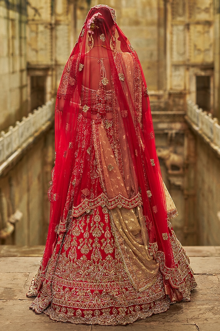 Red Raw Silk Hand Embroidered Bridal Lehenga Set by NITIKA GUJRAL at Pernia's Pop Up Shop