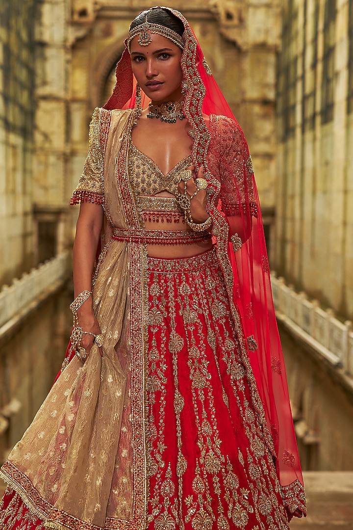 Red Raw Silk Hand Embroidered Bridal Lehenga Set by NITIKA GUJRAL at Pernia's Pop Up Shop