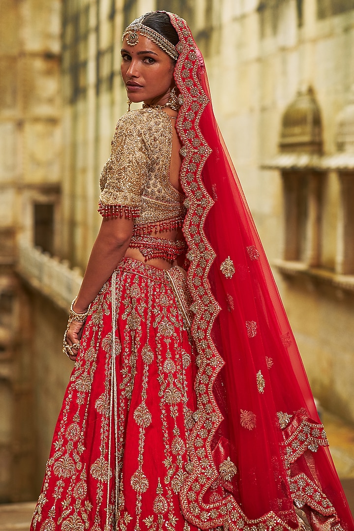 Red Raw Silk Hand Embroidered Bridal Lehenga Set by NITIKA GUJRAL at Pernia's Pop Up Shop