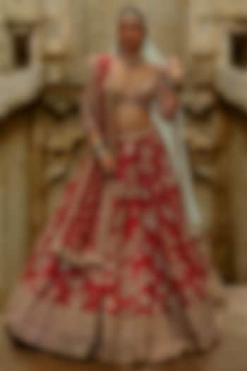 Red Raw Silk Zardosi Work Bridal Lehenga Set by NITIKA GUJRAL at Pernia's Pop Up Shop