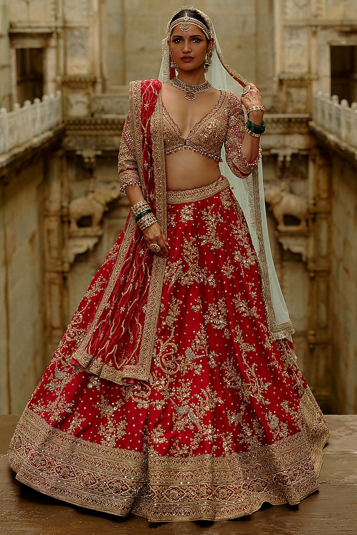 Red Raw Silk Zardosi Work Bridal Lehenga Set by NITIKA GUJRAL at Pernia's Pop Up Shop