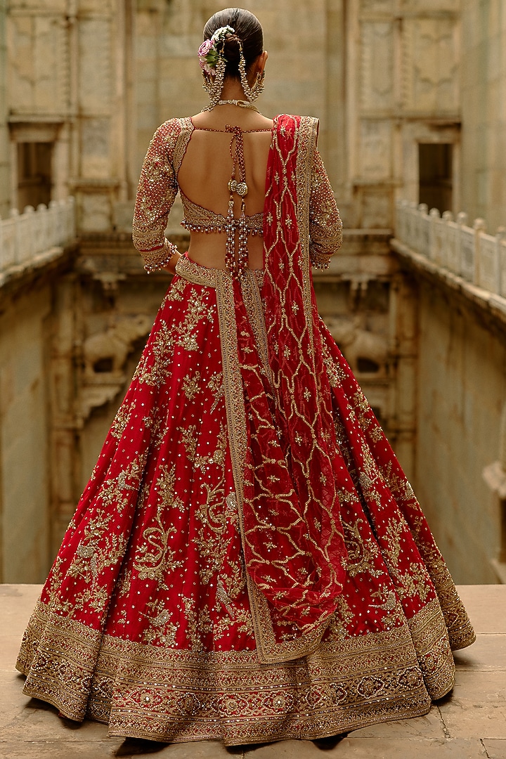 Red Raw Silk Zardosi Work Bridal Lehenga Set by NITIKA GUJRAL at Pernia's Pop Up Shop