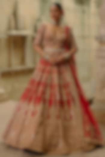 Red Raw Silk Dori Embroidered Bridal Lehenga Set by NITIKA GUJRAL at Pernia's Pop Up Shop