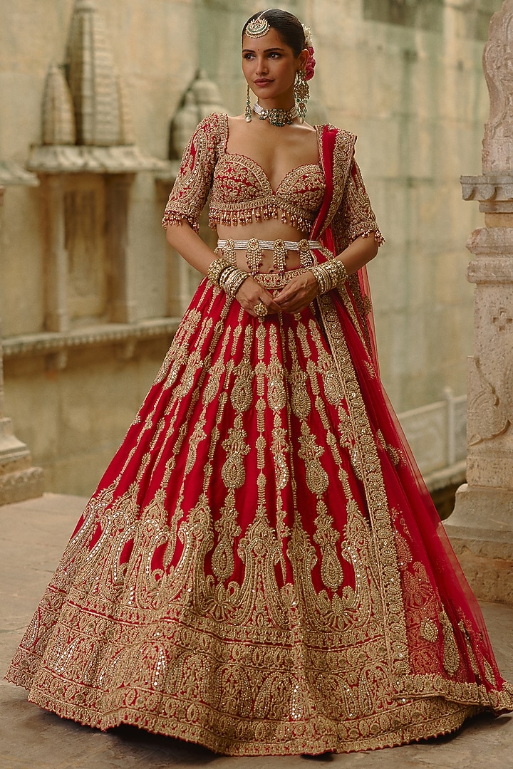 Red Raw Silk Dori Embroidered Bridal Lehenga Set by NITIKA GUJRAL at Pernia's Pop Up Shop