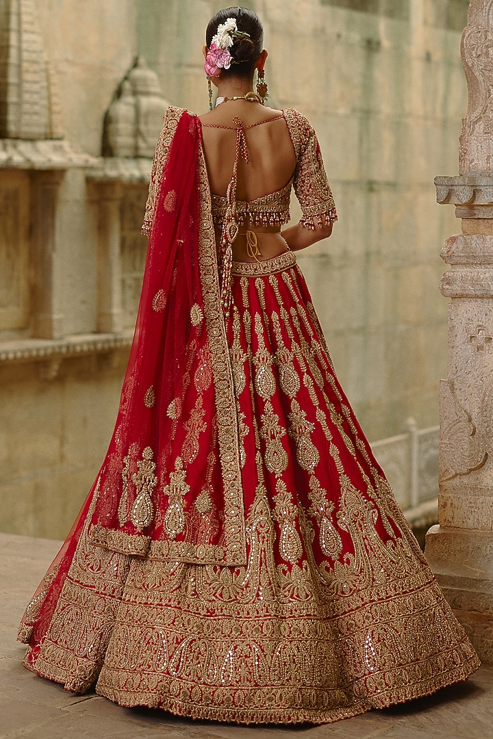 Red Raw Silk Dori Embroidered Bridal Lehenga Set by NITIKA GUJRAL at Pernia's Pop Up Shop