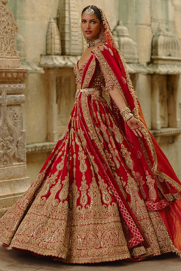 Red Raw Silk Dori Embroidered Bridal Lehenga Set by NITIKA GUJRAL at Pernia's Pop Up Shop
