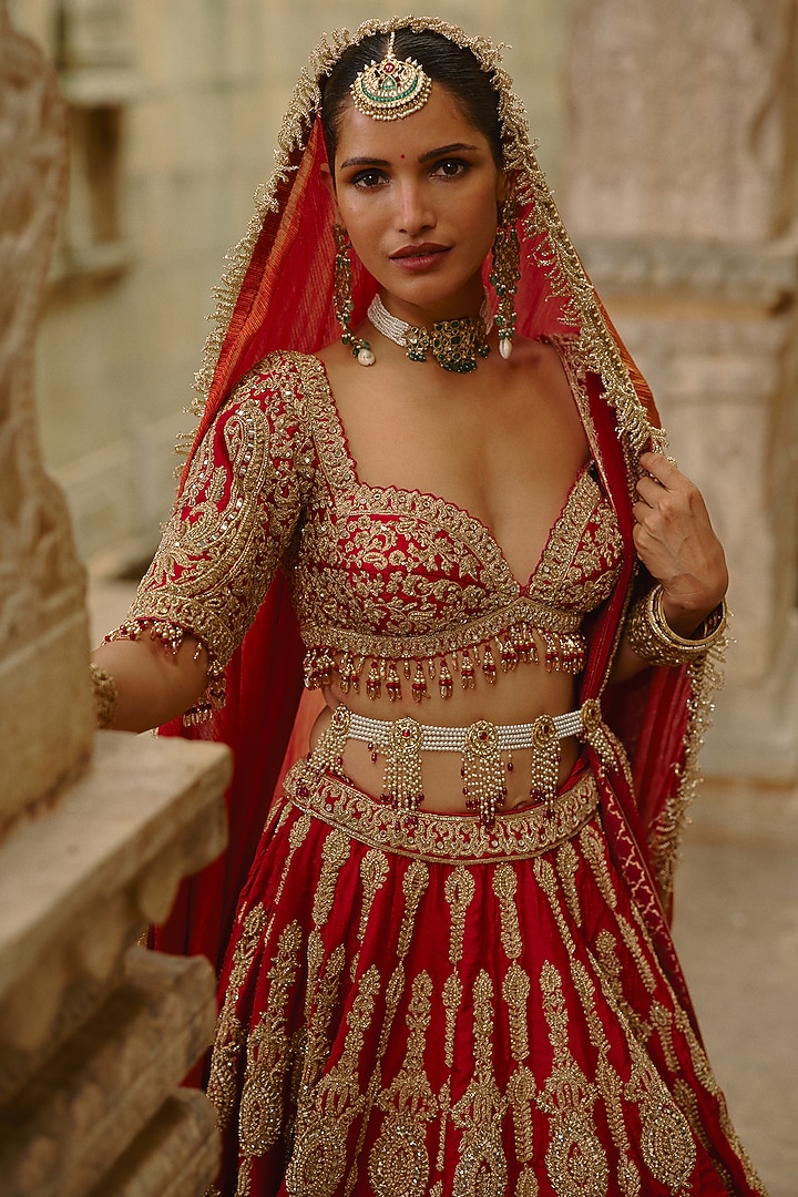 Red Raw Silk Dori Embroidered Bridal Lehenga Set by NITIKA GUJRAL at Pernia's Pop Up Shop